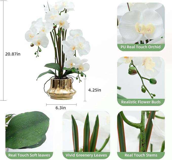 CXGS Artificial Orchid Flower Plant 20.9'' Realistic Latex Faux Orchids in Ceramic Vase White Fake Phalaenopsis Flower Arrangement Orchids with Spotted Stems for Centerpiece Table Home Decor