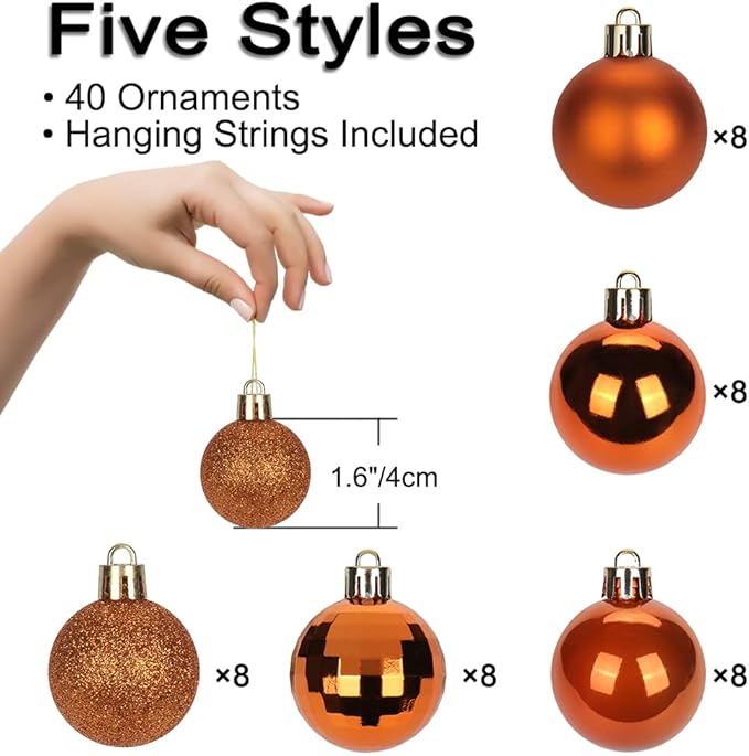 1.57" Orange Christmas Balls Ornaments 40 Pcs Shatterproof Christmas Ornaments Set Halloween Balls Ornament Orange Ornament for Xmas Tree Holiday Party