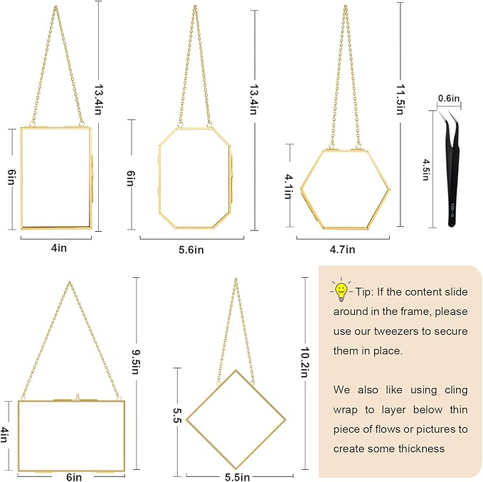 FOCHIER F 5 Pcs Pressed Flower Frames with Tweezers, Wall Hanging Tabletop Display Double Glass Frames with Metal Chain for Pressed Dried Flowers Plants, Horizontal and Vertical Picture Frame, Golden