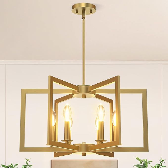 Modern Gold Chandelier, 6-Light Geometric Dining Room Light Fixture, Industrial Pendant Lights Kitchen Island, Hanging Metal Farmhouse Chandelier for Bedroom, Entryway, Foyer, Kitchen, Living Room