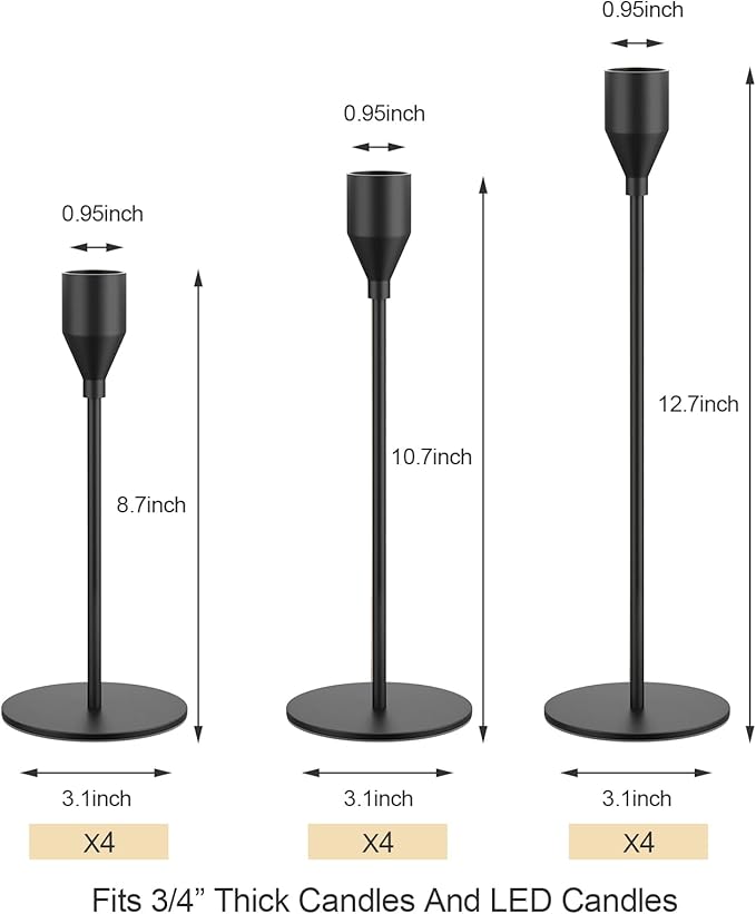 Black Taper Candle Holders Set of 12 Candlestick Holders Bulk, Metal Candle Stick Holder Decor for Wedding, Dinning, Xmas Party or Anniversary, Fits 3/4 Inch Thick Candle