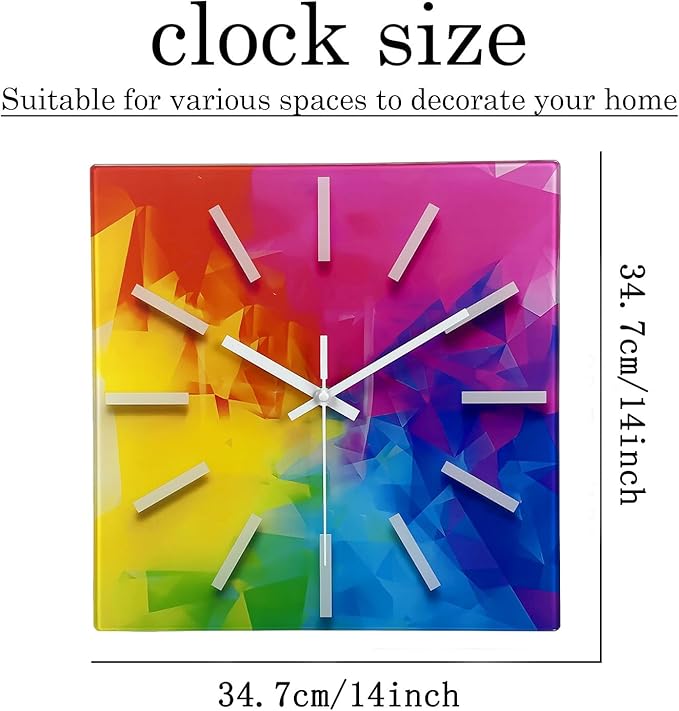 Square Glass Wall Clock Silent Analog Wall Clocks Battery Operated 14 Inch Colorful Wall Clock for Kitchen