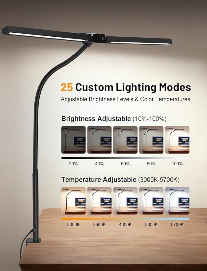 Computer Desk Lamp with Clamp for Home Office, Eye-Caring Architect Lamp, Dimmable Table Clip Lamp for Dual Screen Computer Monitor, Adjustable Color Lighting Mode LED Monitor Light