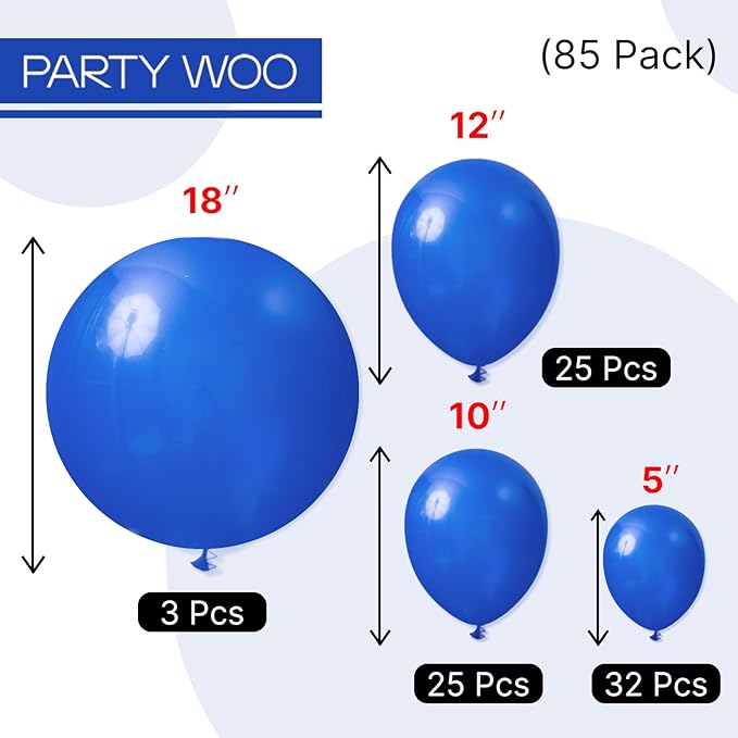 PartyWoo Royal Blue Balloons 85pcs Different Sizes Pack of 18 12 10 5 Inch Dark Blue Balloon Arch Kit for Baby Shower Gender Reveal Graduation Under The Sea Birthday Party Decorations Blue-Y59