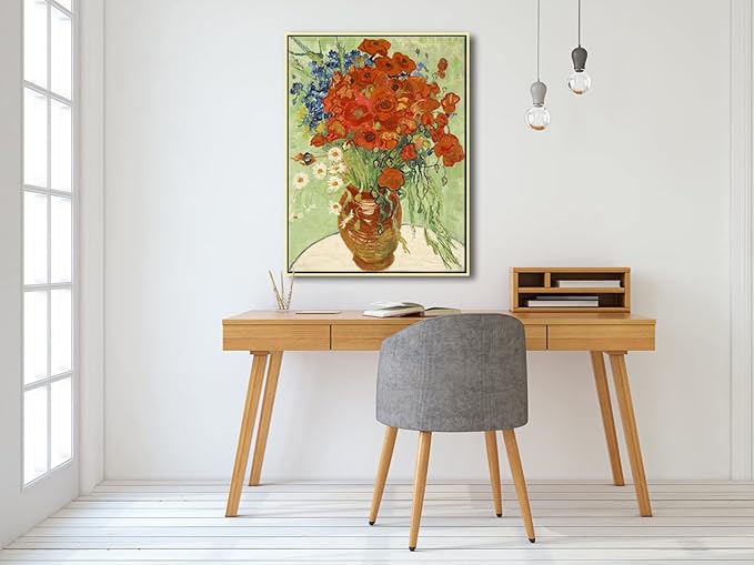 Wieco Art Gold Framed Art Red Poppies and Daisies Large Canvas Prints Wall Art of Van Gogh Famous Artwork Oil Paintings Reproduction Classical Flowers for Living Room Home Decor
