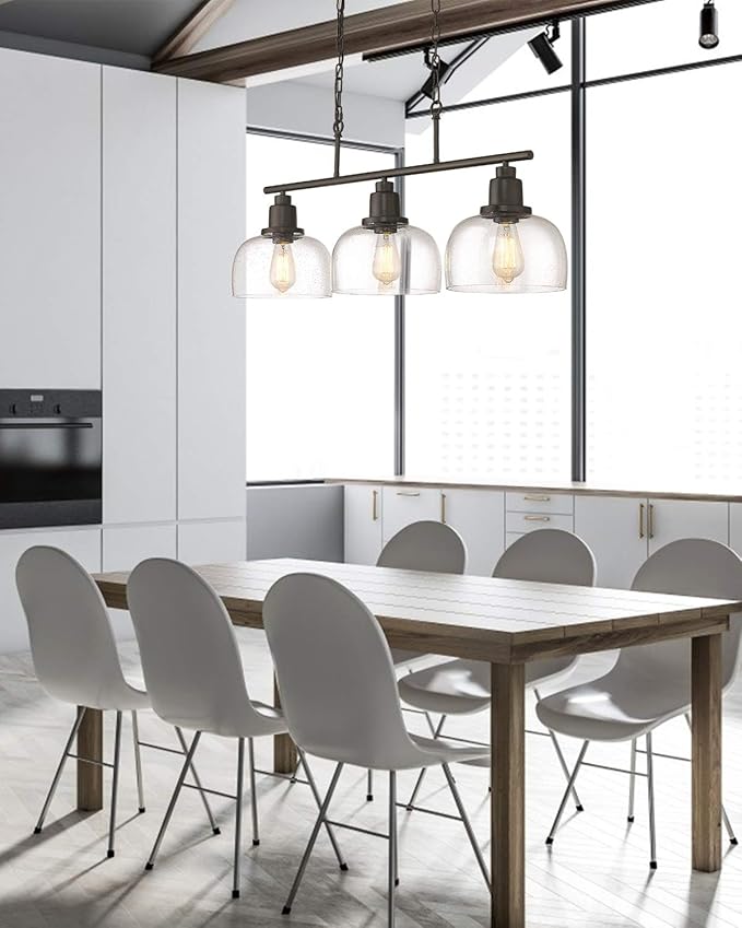 EAPUDUN 3-Light Kitchen Island Light, 35.4" Farmhouse Chandelier for Dining Room Pool Table Pendant Light, Black Finish with Seeded Bubble Glass, PDA1125-ORB