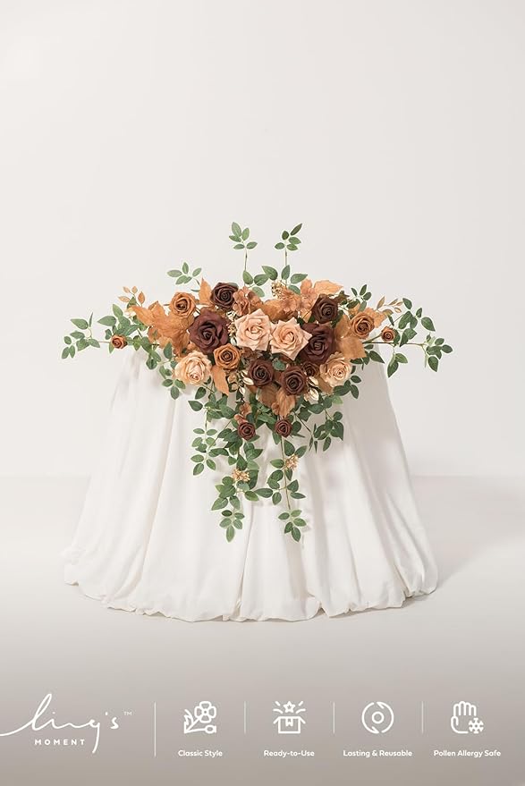 Ling's moment 2PCS Walnut Brown Artificial Flower Garland Spiea Floral Swags Wedding Arch Flowers Taupe Centerpieces for Sweetheart Head Table Easel Wall Entryway Board Backdrop Decoration