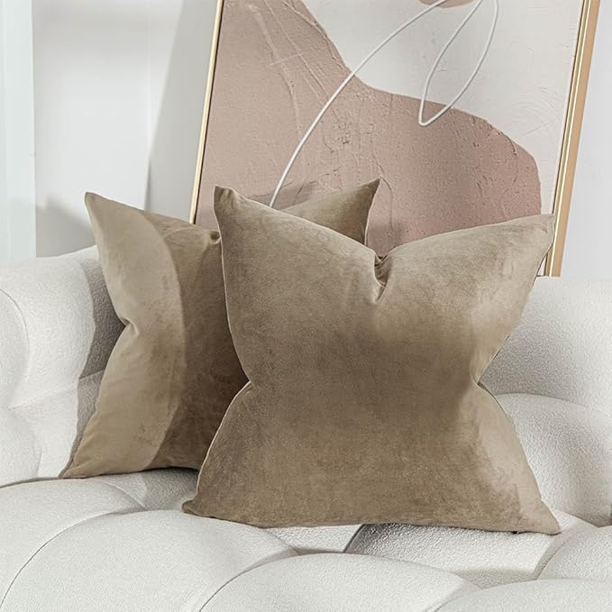 JUSPURBET Throw Pillow Covers 20x20 inch Set of 2 Decorative Velvet Pillow Covers for Couch Sofa Bed Soft Cushion Covers Cases with Invisible Zipper for Living Room Home Decor,Stone