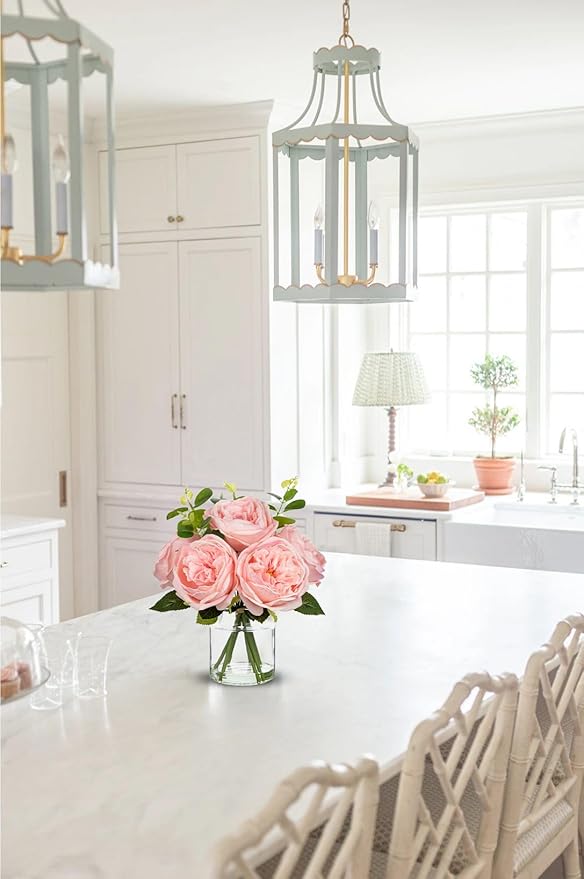 Hollyone Real Touch Peonies Artificial Flowers Arrangements in Vase Pink Fake Peonies with Glass Vase Silk David Austin Roses Faux Flowers with Faux Water Bouquet Table Floral Centerpiece Home Decor
