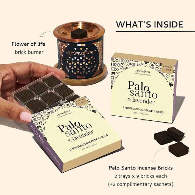 Palo Santo & Lavender Smokeless Incense Bricks & Flower of Life Burner | 2x9 Bricks | Aromatherapy | Essential Oils Based | Natural Air fresheners for Home | Spiritual Smudging Meditation Accessories