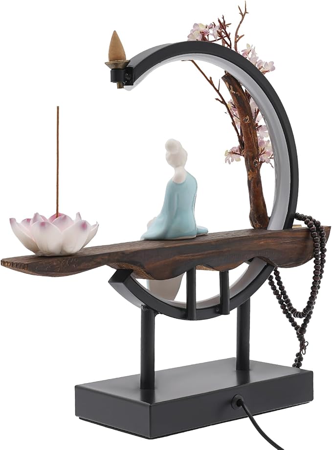 Backflow Incense Burner, Chinese Style Peach Blossom Incense Holder with LED Light, Ceramic Incense Cone Burner Home Decor for Office/Living Room