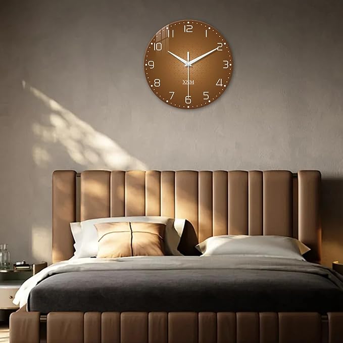 XNM Kitchen Wall Clocks Battery Operated 14 Inch Round Brown Simple Wall Clock Modern Glass Minimalist Wall Clock Silent