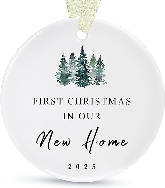 First Christmas in New Home Ornament 2025, First New Home Ornament New House Our First House Housewarming Christmas Ornaments Round Ceramic with Gift Box&Ribbon 2.9"