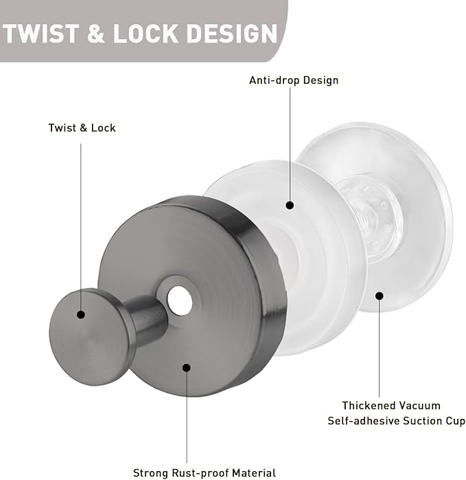 Suction Cup Hooks, Shower Hooks for Inside Shower, No-Drill Towel Hook Stainless Steel Waterproof Suction Hook for Wreaths, Loofah, Towel, Coat, Bath Robe (6, Grey)