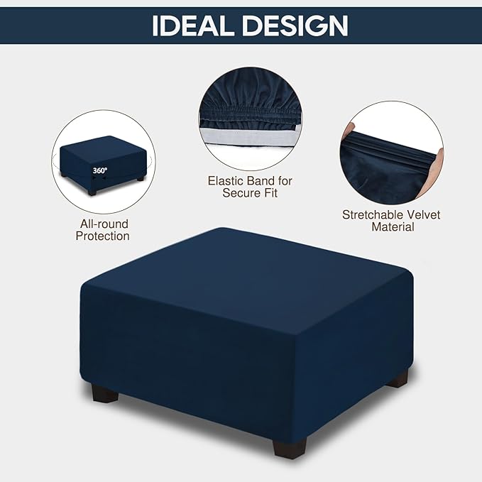 NeColorLife Square Ottoman Cover Velvet Ottoman Slipcover Thick Stretchable Footrest Stool Covers with Elastic Band for Oversized Ottoman (XX-Large Size,Navy Blue)