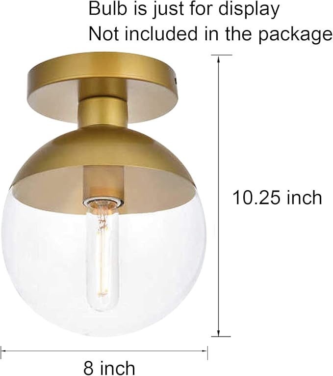 Modern Clear Glass Ceiling Light Fixture with 1-Light, Industrial Sphere Glass Chandelier Fitting, E26 LED Semi-Flush Mount Pendant Lights for Kitchen, Bedroom, Bar, Counter, Cafe (Brass)