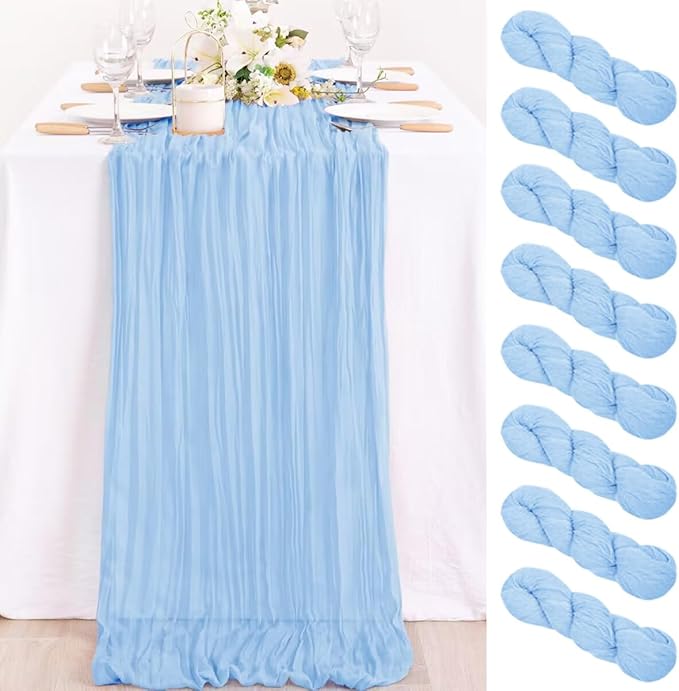 MLMC 12 Pack Baby Blue Cheesecloth Table Runner 10ft Rustic Light Blue Baby Shower Table Runner Bulk 35x120 Inches for Wedding Birthday Baby Shower Gender Reveal Decor