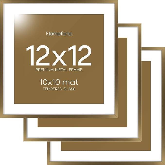 Homeforia 12x12 Picture Frame Bronze, High End Metal 12 x 12 Square Poster Frame with Mat 10 x 10 Photo, 12x12 Brass Frame Matted to 10x10 Print, 12by12 Thin Frames, Tempered Glass, Wall Kit, Set of 3