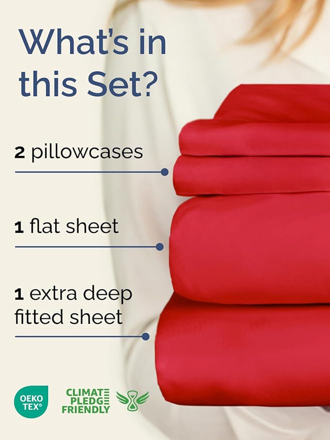 Extra Deep Twin Sheet Set - 4 Piece Breathable and Cooling Sheets - Hotel Luxury Bed Sheets Set - Easy & Secure Fit - Soft, Wrinkle Free and Comfy Sheets Set - Red Sheet Set with Extra Deep Pockets