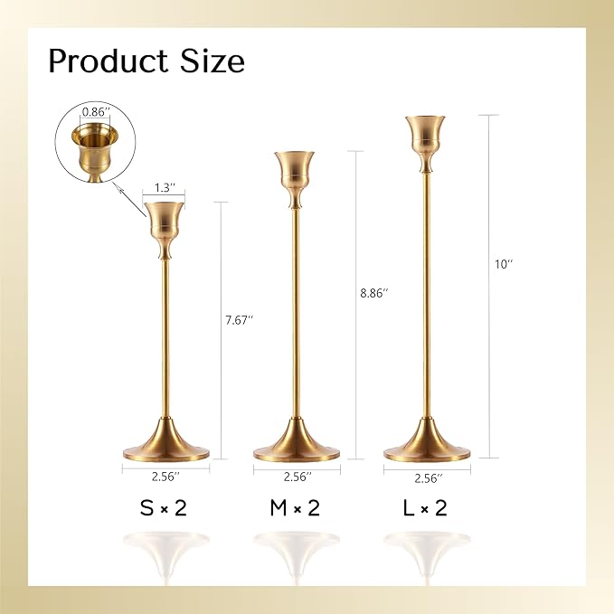 Brass Gold Candlestick Holders Set of 6, Taper Candle Holder for Candlesticks, Antique Vintage Candle Stick Candle Holders for Table Centerpieces Mantel Wedding Home Christmas Decorations