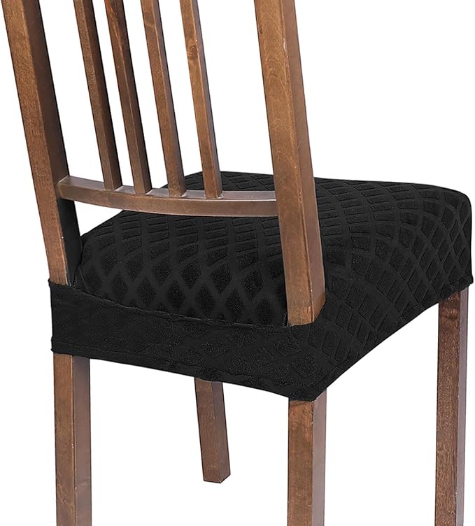 SearchI Stretch Dining Chair Seat Covers Set of 4, Soft Removable Washable Seat Covers for Dining Chairs, Dining Room Seat Cover Slipcover Protector (Rear-Covered, Black Diamond Jacquard)