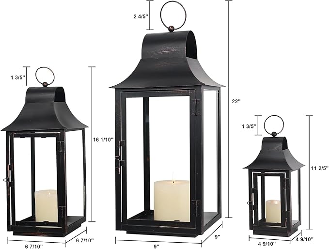 DECORKEY 3Pack Lanterns Decorative Outdoor & Indoor, Large Square Lanterns Decorative for Front Porch, Metal Frame Candle Holders with Glass, Vintage Patio, Pathway, Balcony, Garden, Yard Decor