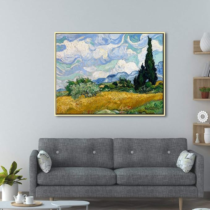 Wieco Art Framed Canvas Art Wheat Field with Cypresses by Van Gogh Classical Paintings Reproduction Modern Canvas Print Wall Art Landscape Pictures Artwork for Home Office Decor
