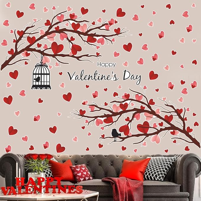 2 Sheet Valentine's Day Wall Decals Love Heart Wall Stickers Valentine's Day Pink Heart Tree Home Bedroom Decor Decals Peel and Stick for Valentines Wedding Anniversary Party Supply