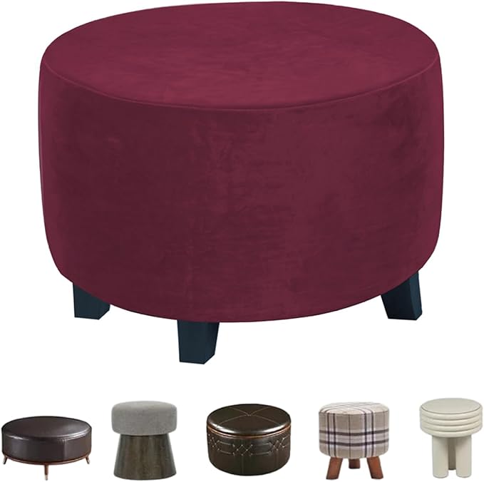 Round Ottoman Cover Stretch Velvet Plush Footstool Cover Non Slip Washable Ottoman Slipcover with Elastic Bottom