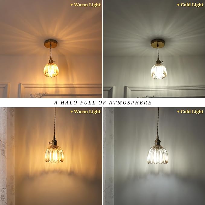 Pendant Light 2 Pack with Amber Tulip Glass Lmapshade, Brass Vintage Pendant Light Adjustable Hanging Light for Kitchen Island Dining Room Hallway