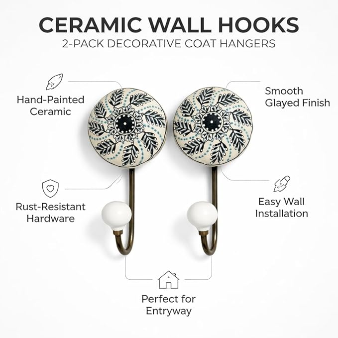 Ceramic Wall Hooks, Black with White Floral Pattern, 2-Pack Decorative Coat Hangers, 8 lb Capacity (6, White)