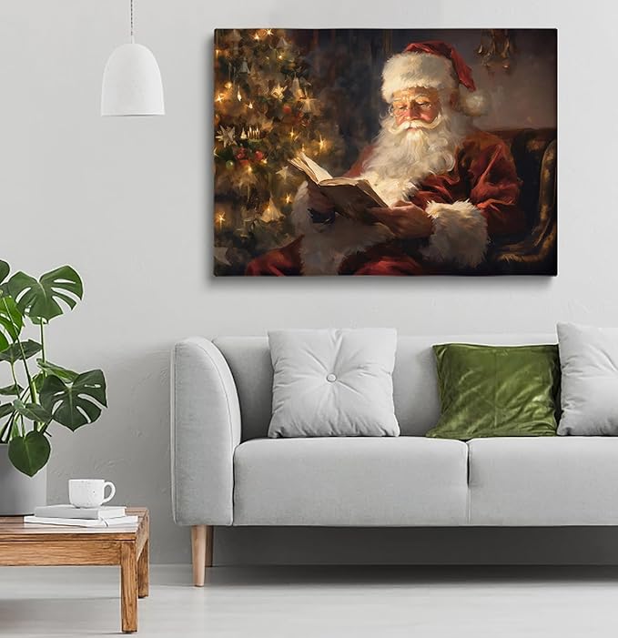 Victorian Christmas Canvas Wall Art,Vintage Painting of Santa Claus Reading a Book Under Christmas Tree, Winter Holiday Print, Holiday Season,Christmas Library Reading Room Decor24x36inch Unframed