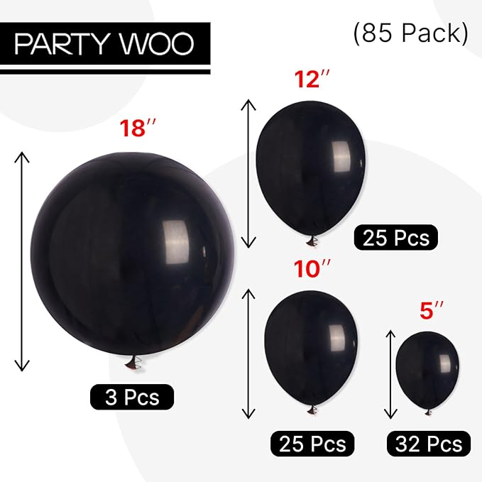 PartyWoo Black Balloons 85 pcs Different Sizes of 18 12 10 5 Inch Black Balloons Arch Kit Garland for Baby Shower Birthday Graduation Casino Gaming Anniversary Race Car Party Decorations Black-Y18