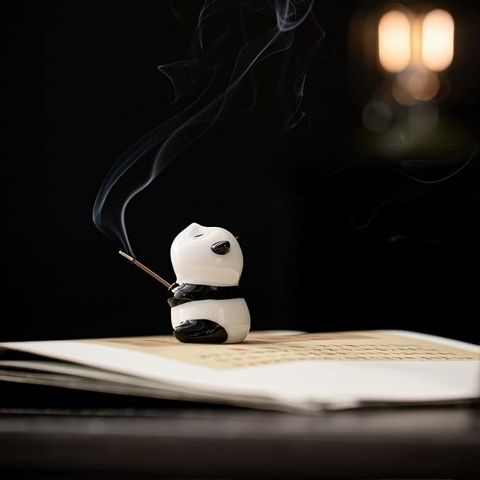 Handmade Ceramic Panda Incense Holder | Extra-Long Bamboo Mat & Sandalwood Sticks | Zen Home Decor | Yoga & Meditation Essentials (Panda)