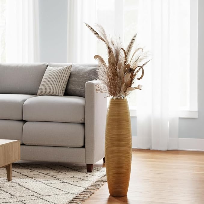 Tall Floor Vase, 27.5 inches (70cm, 2.3FT) Tall Vases Sturdy, Luxury, Textured for Decorative Branches Dried Flowers, Floor Vase for Rustic Living Room, Shelf Decor, Resin Gold