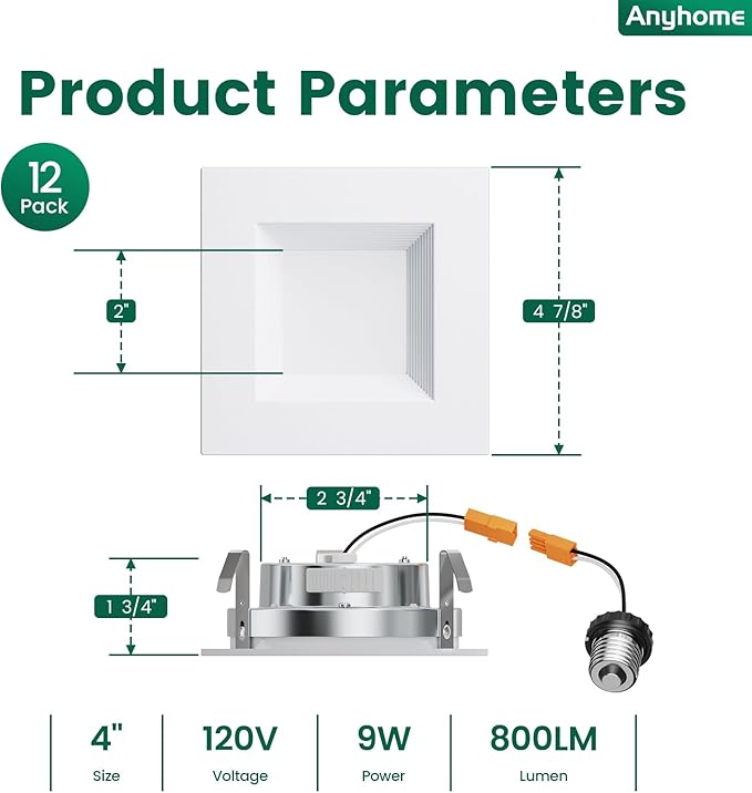 4 Inch Led Recessed Lights Square,Led Downlight Square White,with Baffle Anti-Glare,5CCT 2700K-5000K Dimmable,9W 800LM,ETL & ES(12 Pack)