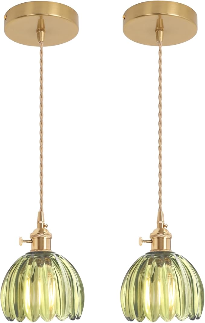 Pendant Light 2 Pack with Green Tulip Glass Lmapshade, Brass Vintage Pendant Light Adjustable Hanging Light for Kitchen Island Dining Room Hallway