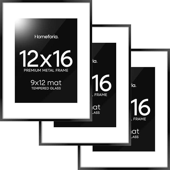 Homeforia 12x16 Picture Frame Black, High End Metal 12x16 Poster Frames with Mat 9x12 for Photo, 12 x 16 Black Frame Matted to 9 by 12 inch Print, 16x12 Thin Frames, Tempered Glass, Wall Kit, Set of 3