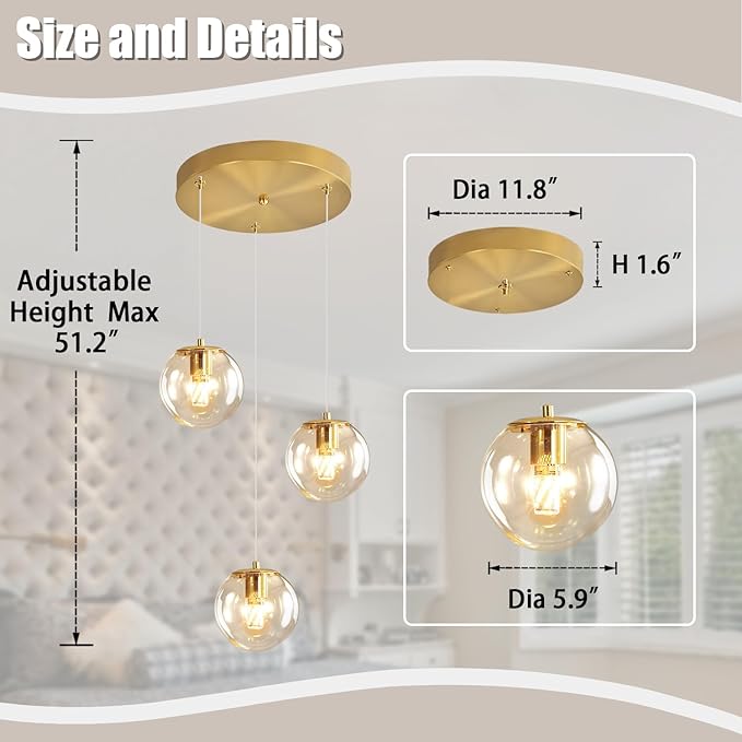 3-Light Modern Gold Pendant Light Hanging Fixture Light for Kitchen Island Mid Century Globe Pendant Light Glass Chandelier for Living Room Bedroom Entryway