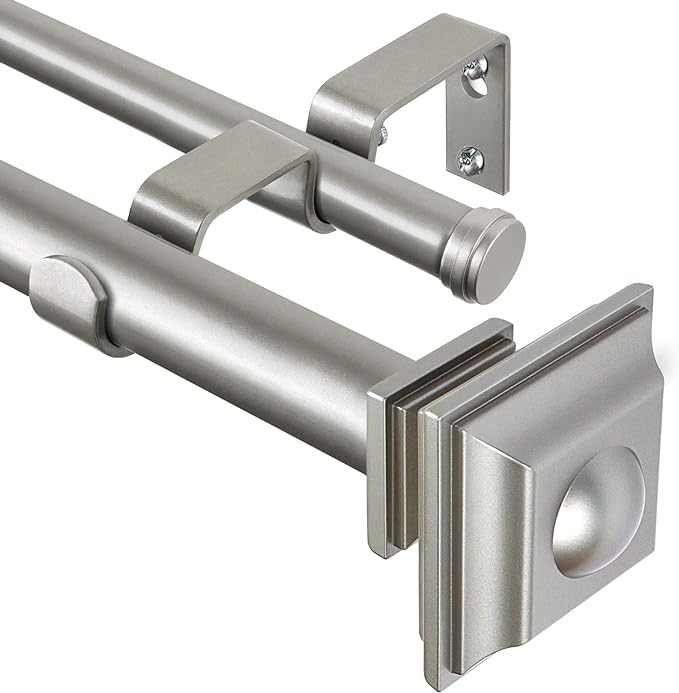 KAMANINA 1 Inch Double Curtain Rods 72 to 144 Inches (6-12 Feet) Telescoping Dark Silver Curtain Rod for Windows 69 to 140 Inches, Heavy Duty Drapery Rods with Square Finials