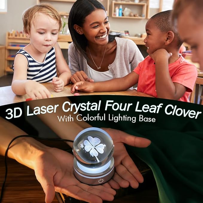IFOLAINA Crystal Ball Lamp, 3D Four Leaf Clover K9 Decorative Night Light, Clear, 3.15 inches, Rechargeable USB, Ideal Gift for Her Birthday, Wedding, Anniversary