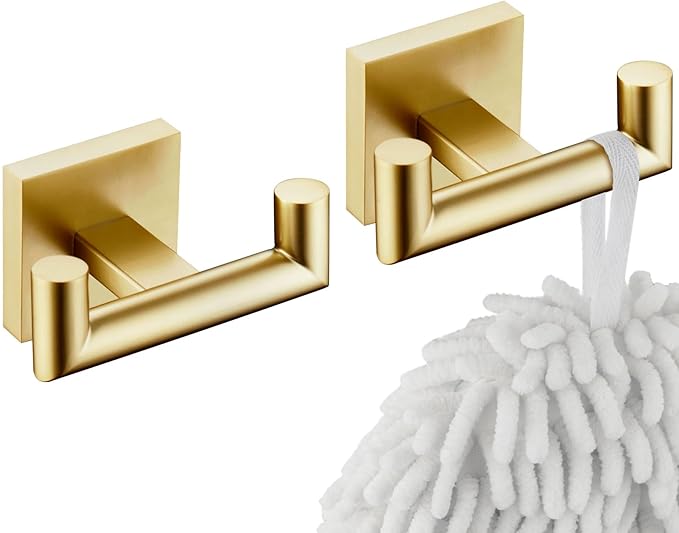 KOKOSIRI Robe Hooks Bathroom Double Towel Coat Hook for Bath Kitchen Wall Mounted, 2 Pack Brushed Gold Stainless Steel B1015BG-P2