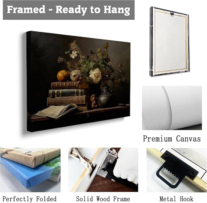 Moody Library Painting,Books Flowers Still Life,Dark Academia Prints,Gothic Books Painting,Moody Wall Art, Dark Cottagecore, Antique Oil Painting,Vintage Cottage core Aesthetic Decor16x24inch Framed