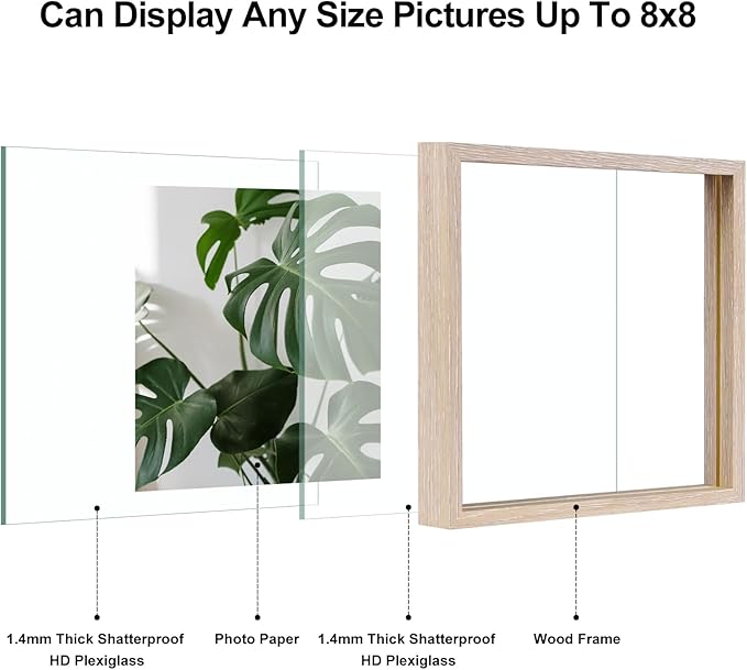 Egofine 8x8 Floating Frames Set of 2, Double Plexiglass Picture Frame, Made of Solid Wood Display Any Size Photo up to 8x8, Wall Mount or Tabletop Standing, Rose Pink