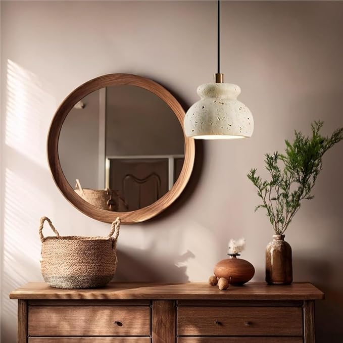 Modern Natural Travertine Stone Pendant Light Minimalist Solid Wood Pendant Lamp Adjustable Cord Hanging Lamp for Bedside Dining Kitchen Cafe Bar Decorative Fixture