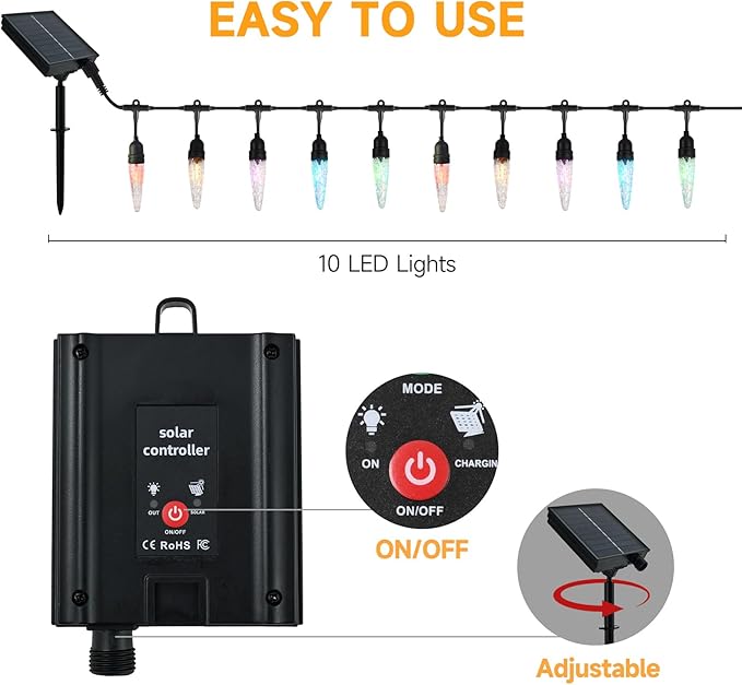 15FT Solar String Lights Waterproof for Outdoor, Patio Lights Solar Powered, LED Shatterproof Bulbs, Multicolor LED, Solar Light for Camping Backyard Garden (Icicle-Multicolor)