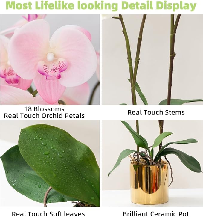 CXGS Artificial Orchid Flower Plant Real Touch Faux Orchids in Ceramic Vase Pink 19.7'' Fake Phalaenopsis Flower Arrangement Centerpiece Home Indoor Decor