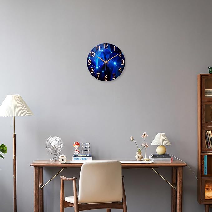Blue Wall Clock for Living Room Decor Kitchen Wall Clocks Battery Operated 12 Inch Round Glass Decorative Wall Clock Non Ticking