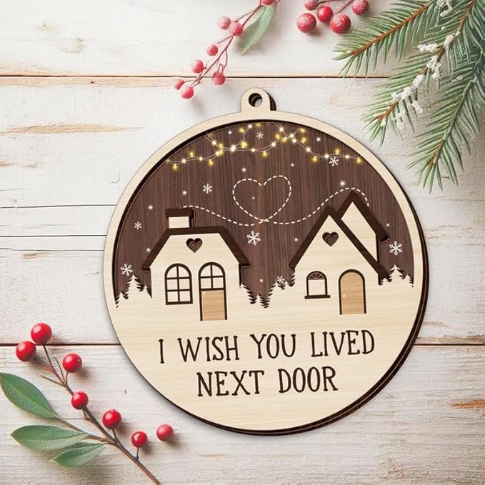 GEEMBI Christmas Friend Gifts for Women - Wooden Christmas Ornaments 2025 for Xmas Decorations - Long Distance Gifts for Friends Women BFF Bestie, I Wish You Lived Next Door Stocking Stuffers Gift