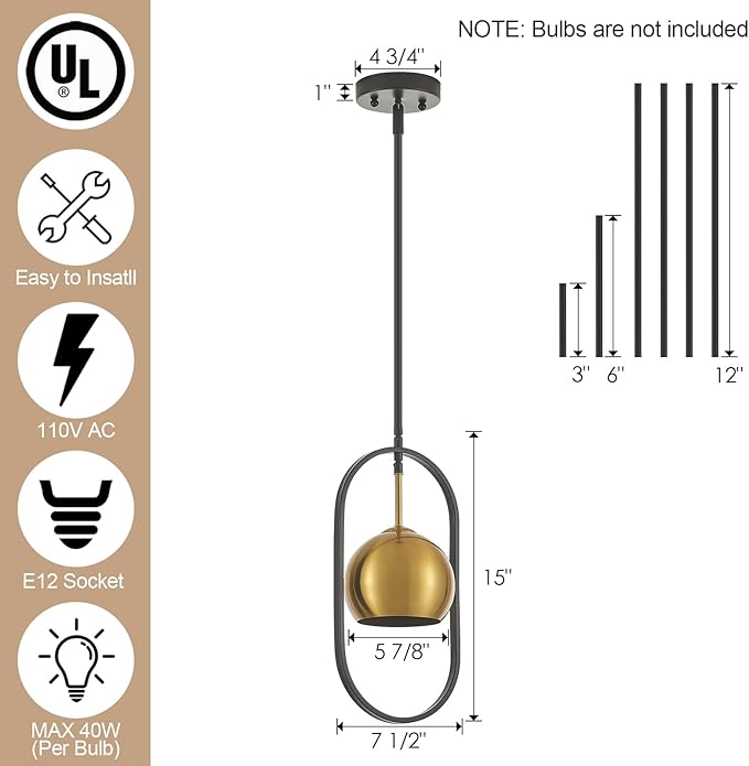 1 - Light Single Small Globe Pendant Light with Brass Finish Metal Shade, Modern Pendant Light Kitchen Island, Small Hanging Light Fixture entryway
